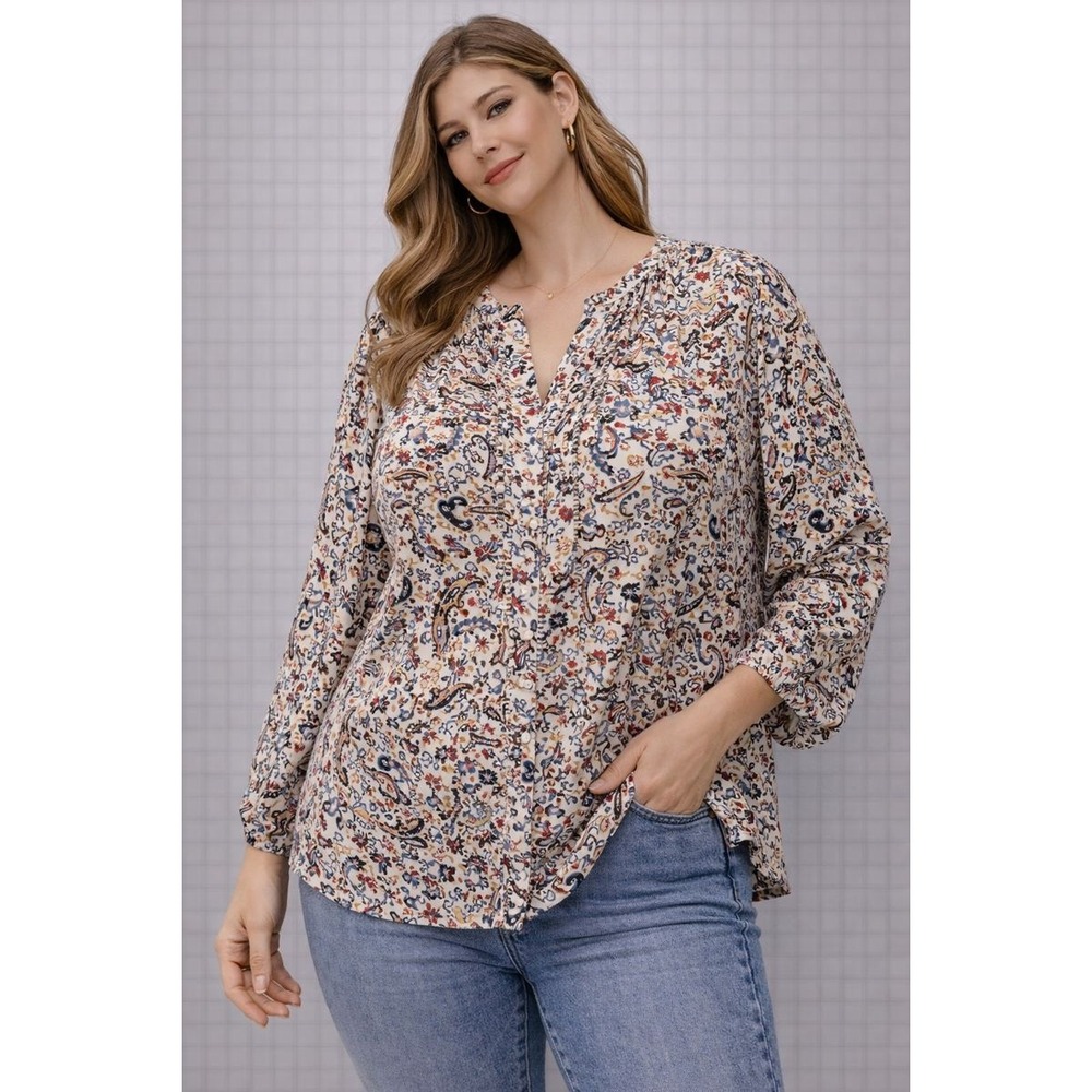Collective Concepts Womens 3X‎ Paisley Print Blouse V Neck 3/4 Sleeve Top